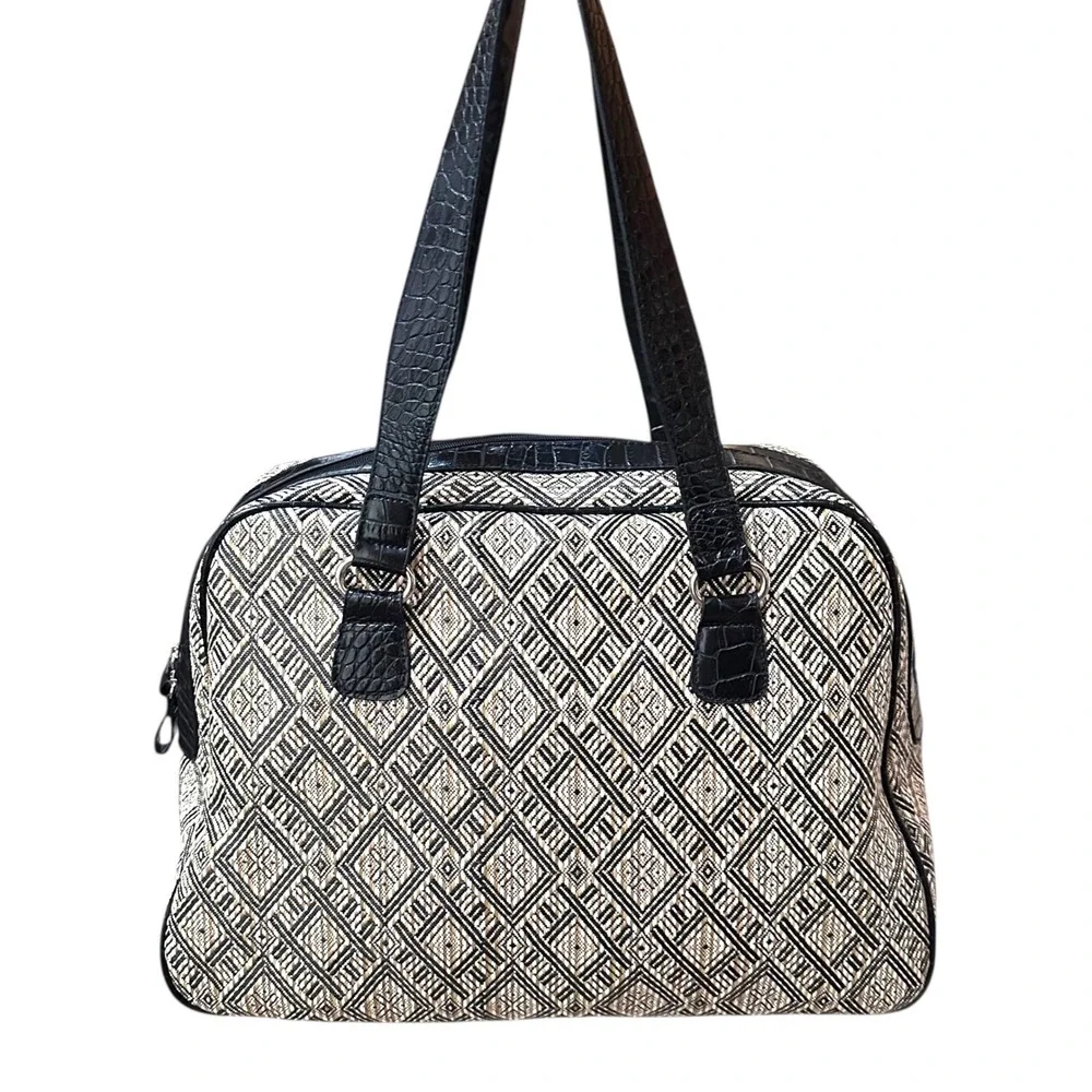 Naturalizer Geometric Pattern Satchel‎ Handbag Black Faux Croc Trim Shoulder Bag